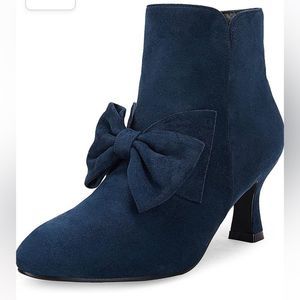 Low Kitten Heel Ankle Booties Side Zipper Bowknot Suede Pump Shoes Navy Blue